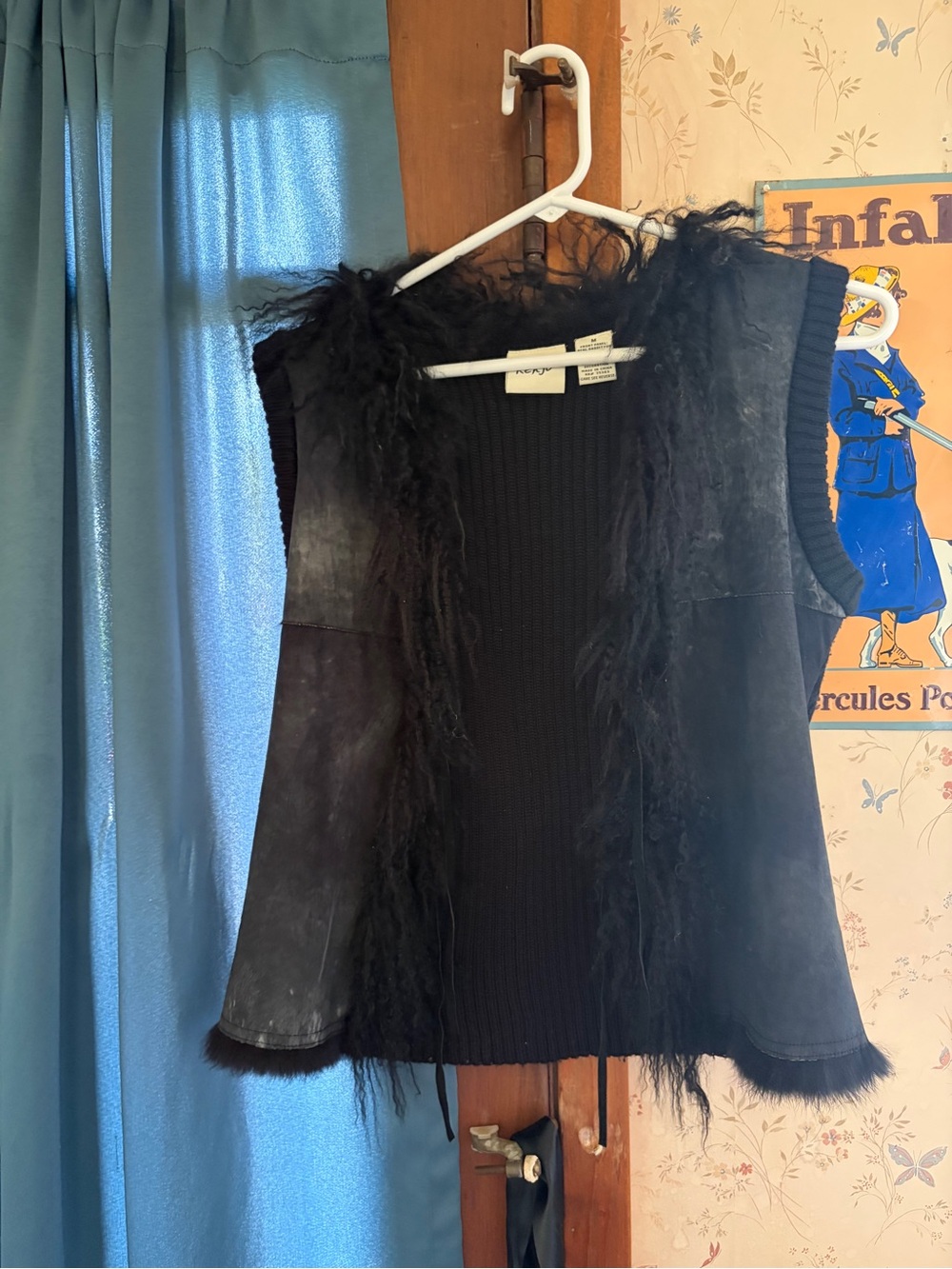Y2K VTG Rabbit Fur Sleeveless Black Sweater Vest with Leather Accent EUC Small